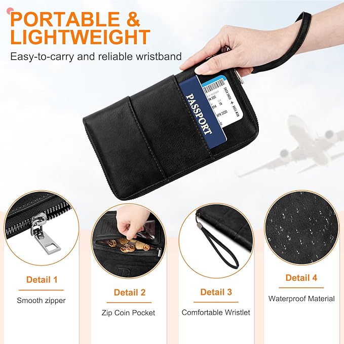 Family Passport Holder Wallet with Zipper, RFID Blocking Travel Document Organizer, PU Leather Passport Wallet for Women Men, Passport Cover Travel Wallet for Boarding Pass, ID, Money, Ticket