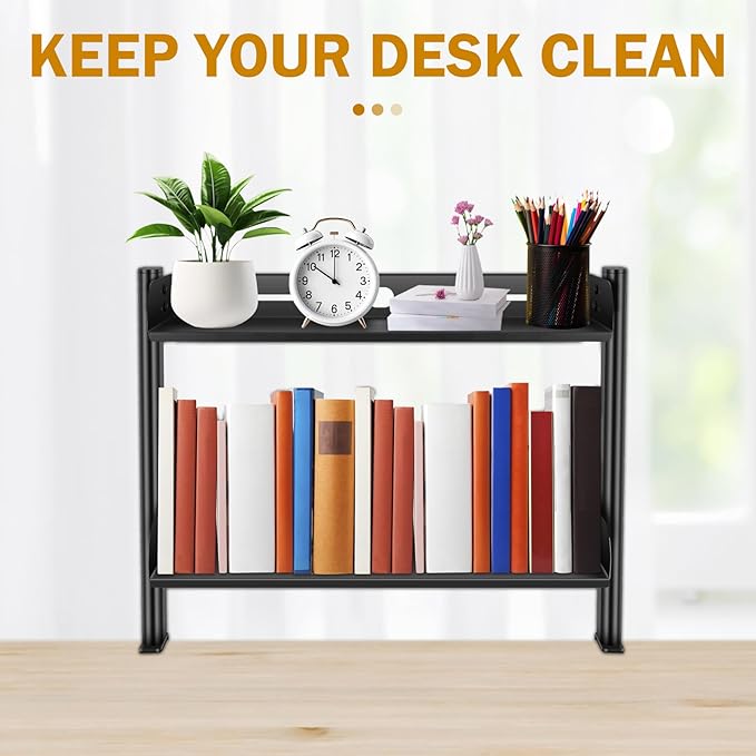 Clamp on Desk Shelf Organizer, 2-Tier Clamp on Desk Shelf, 17.32" Space Saving Table Mount Storage Rack with Cable Holes and Adjustable Trays for Home Office Accessories