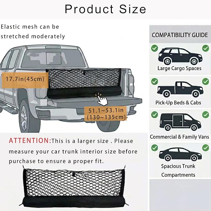 130x45CM Large Heavy-Duty Automotive Big Trunk Cargo Net | Elastic Trunk Storage Mesh Organizer Foldable Automotive Cargo Net Universal for SUV Truck Van Sedan