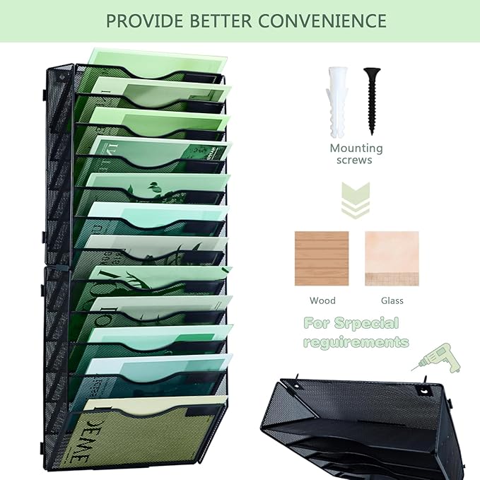 12 Tier Mesh Hanging File Organizer Vertical Wall File Organizer Wall File Holder for Office School Home, Black