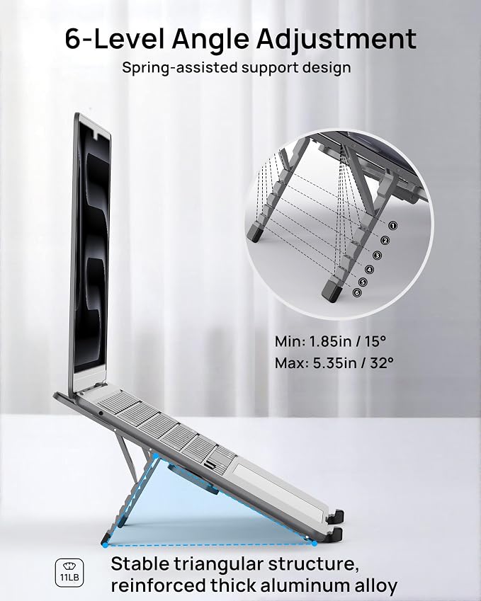 SODI Ultra Compact Foldable Laptop Stand - Portable Laptop Holder for Desk & Travel Use, Adjustable, Ergonomic Aluminum Computer Holder for MacBook, Tablet 10-16" (Plus-Gray, Bi-Fold)