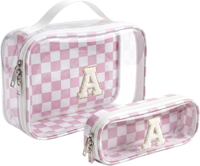 Preppy Clear Makeup Bag Set for Women-Monogram Personalized Checkered Initial Makeup Bags Sunscreen Cosmetic Pouch Make Up Case for Women Best Friend Teacher Birthday Gifts for Women (A,Pink&Beige)