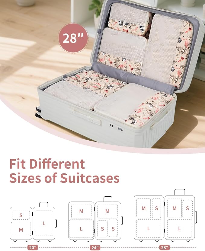 Narwey 7 Set Packing Cubes for Travel, Durable Packing Organizers for Kids Women Men, Carry on Luggage Travel Essentials Accessories (Beige Flamingo)