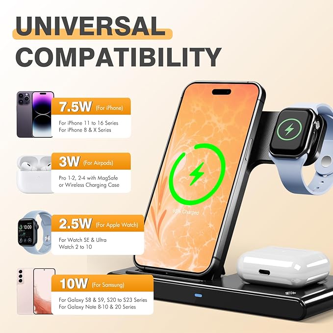 Portable 3-in-1 Wireless Charging Stand Dock, Compact Design for Bedroom and Travel, Compatible with iPhone 17/16/15/14/13/12 Series, for Apple Watch Ultra/SE/Series 11?? and for AirPods Pro 4/3/2