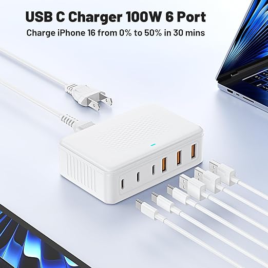 USB C Fast Charger Block, 100W GaN 6 Port Type C Charging Station Hub,Wall Charger Power Strip Adapter Plug Cube Brick Box for Apple iPhone 17 16 15 14 13 12 Pro Max/iPad/Pixel/Samsung Galaxy S25 S24