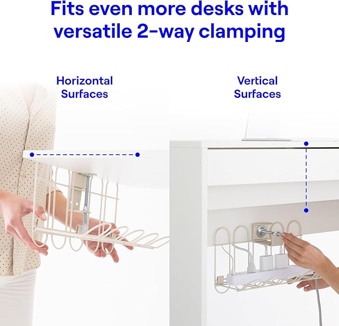 CarryUp Under Desk Cable Tray, No Drill Wire Management Clamp, Computer Cord Organizer, Cable Hider & Holder, Cord Keepers for Home Office Organization, Powder Coated Metal, Dorm Essentialss - Cream
