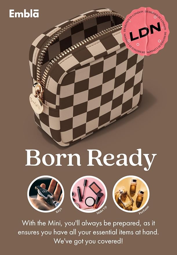 Makeup Bag Travel Cosmetics Pouch and Toiletry Bag, Nylon Zipper Pouch Purse, Cute Make Up Organizer Storage Tote for Women Girls, Travel Skincare Case, Mini Makeup Case, Chocolate Sand Checkered