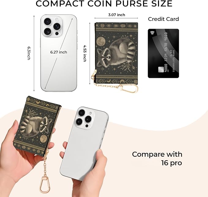Vintage Raccoon Keychain Coin Purse for Women, Small PU Leather Change Pouch, Zipper Little Tiny Travel Wallet for Girls, Cute Kawaii Zip Pocket Coin Holder with Key Ring