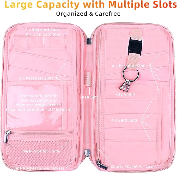 WALNEW RFID Family Passport Holder Wallet with Tracker/AirTag Holder, Travel Document Organizer Zipper Pouch with Wristlet and Cross Body Straps for Women Men
