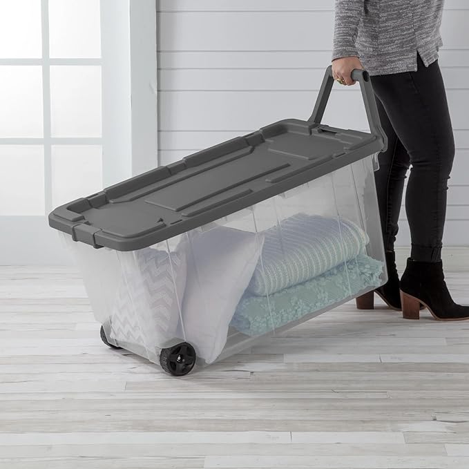 160-Quart Wheeled Stackable Storage Bin,Heavy-Duty Clear Plastic Container for Household & Garage Bulk Storage,Perfect for Outdoor Camping and Seasonal Organization, Gray 2-Pack
