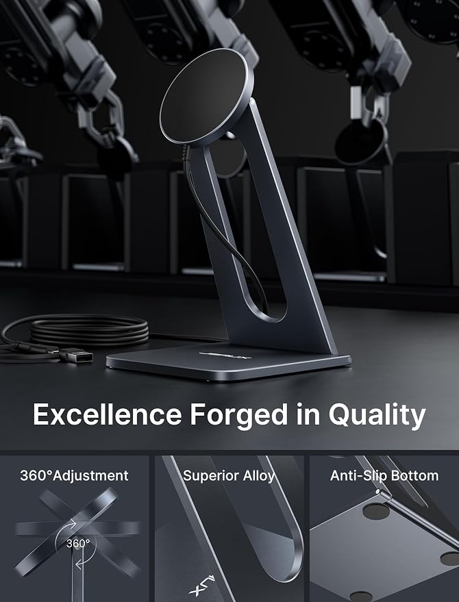 for iPhone 17 MagSafe Charger Wireless Charger Stand, JSAUX Magnetic Charger for iPhone 17e/17 Air Pro Max/16/15/14/13/12 Series/Airpods, Aluminum Alloy, Wireless Charging Stand - Grey