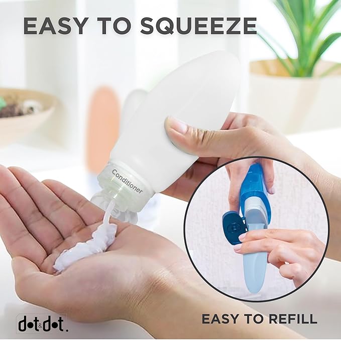 Dot&Dot Leak Proof Travel Bottles - Tubes for Liquid TSA Approved 3oz Silicone Toiletries Travel Shampoo & Conditioner Containers with Labels