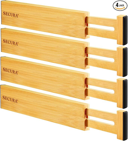 Secura Bamboo Drawer Dividers Organizer 4-Pack, Adjustable Drawer Separators Expandable from 12.0-17.1 inches for Kitchen, Office, Bathroom, Closet, Dresser