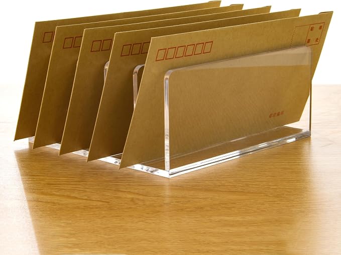 5 Compartments Clear Acrylic Mail Holder – Vertical Letter Sorter & Multifunction Desk Organizer for Bills, Documents, Notebooks – Modern Office/Home Envelope File Rack