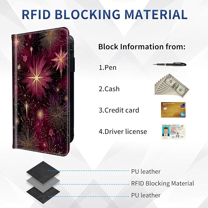 DEGDFSGR Checkbook Cover PU Leather Checkbook Covers for Women for Duplicate Checks, Check Book Covers with RFID Blocking Function for Personal Checkbook, Gold Foil Fireworks