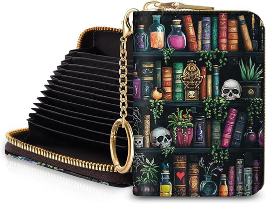 Blusabaca Bookshelf and Skull Skeleton Goth Gothic Credit Card Holder for Women, Small RFID Wallet with Zipper, Card Keychain Wallet, PU Leather Card Case, Business Blocking Accordion Wallet Gift