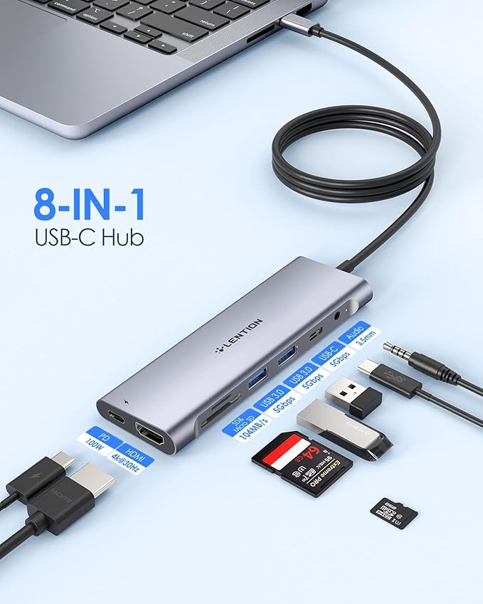 LENTION 8-in-1 USB C Hub, Docking Station with 3.3FT Long Cable, 4K HDMI, USB A&C, SD/TF Card Reader, Aux, 100W PD Charging, for MacBook Pro/Air, Dell, HP, Chromebook, Steam Deck (C37-1M, Space Gray)