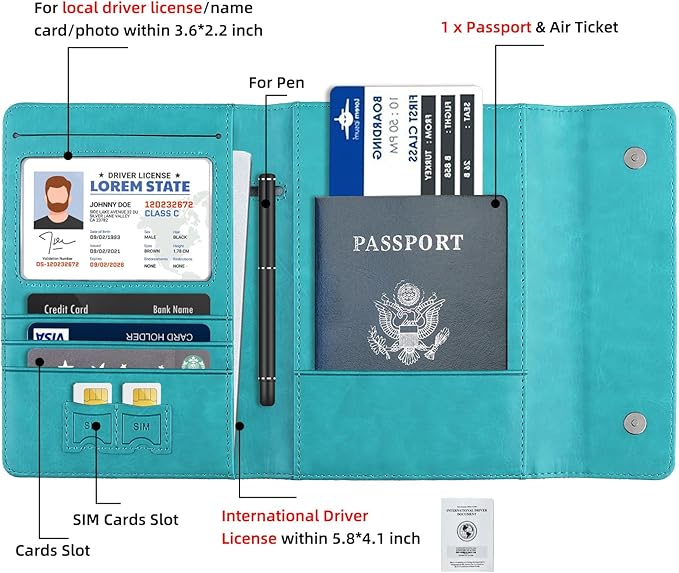 WALNEW RFID Passport Holder Travel Organizer, Fits International Driving Permit (IDP), PU Leather Document Holder for One Passport, Stylish Travel Accessory, Blue