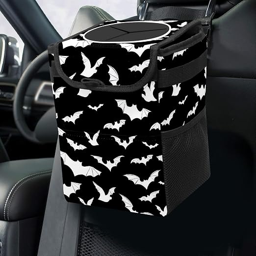 Black and White Goth Bats Car Trash Can with Lid Collapsible Reusable Waterproof Car Garage Bag,Automotive Garbage Can,Car Accessories Interior Car Organizer
