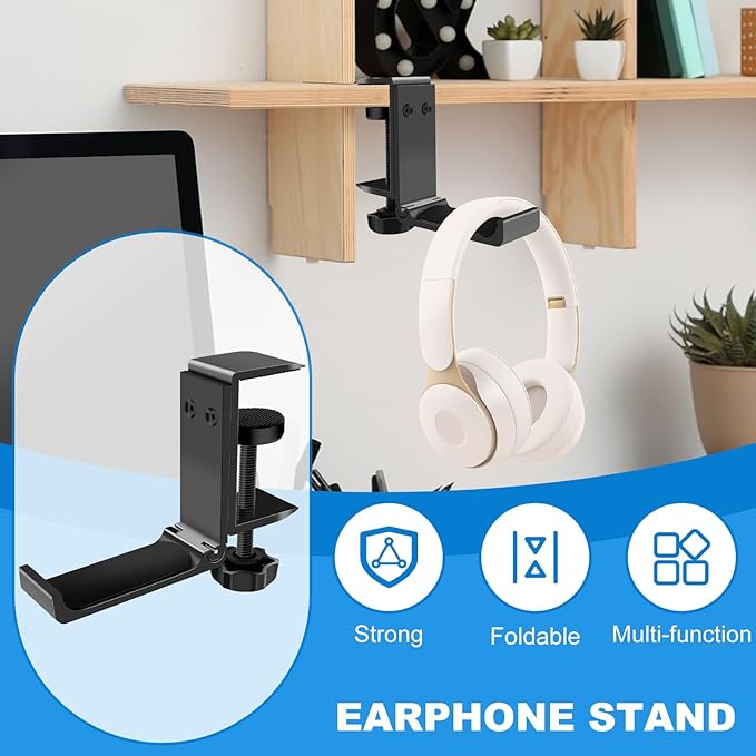 2PCS Headphone Stand Hanger Holder, Foldable Aluminum Desk Headphone, Universal Space Saving Headset Stand Multifunctional Under Desk Hanger for Home Office
