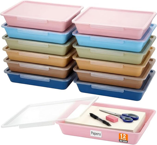 Tinlade 12 Pcs Classroom Paper Storage Bins with Clear Latching Lids Labels, Letter Size Stackable Flat Trays Container Paper Organizer for Teacher Back to School Office Arts Crafts (Morandi,13x10in)
