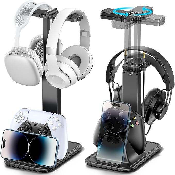 Height Adjustable Dual Headphone Stand, 360° Rotatable Gaming Headset Holder with Controller & Phone Stand, All-in-One Desk Organizer for PS5/Xbox/Switch Controllers/iPad, Desktop Game Accessories
