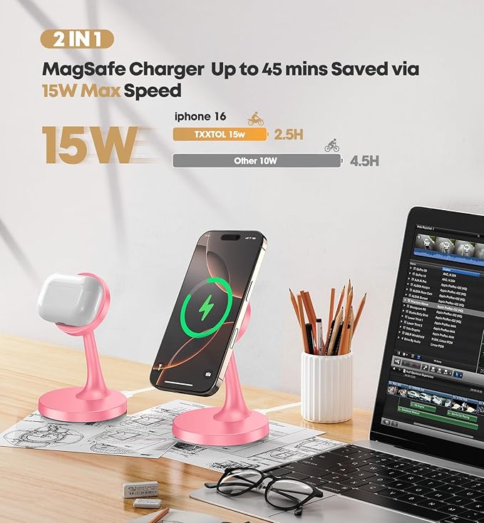 Magnetic Wireless Charger iPhone Stand, 15W Fast Mag-Safe Charger iPhone 17/17 Air/17 Pro/17 Pro Max 16/15/14/13/12 Series Magnet Wireless Charging Station/Pad/AirPods for Home, Office, Travel
