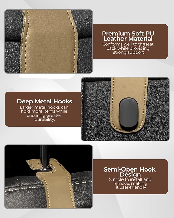 4 Pcs Car Headrest Hooks, Heavy-Duty PU Leather & Stainless Steel Car Seat Organizer for Purses & Bags, Supports Up to 44 lbs