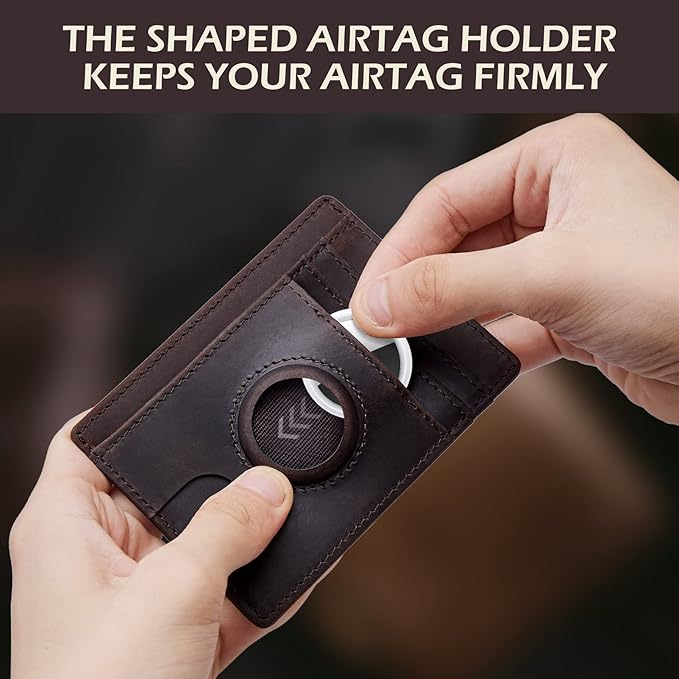 typecase Slim Minimalist Card Mens Wallet for AirTag, Front Pocket Premium Crazy Horse Leather Wallet with AirTag Holder, RFID Blocking Cash Credit Card Wallet Compatible with AirTag (Dark Brown)