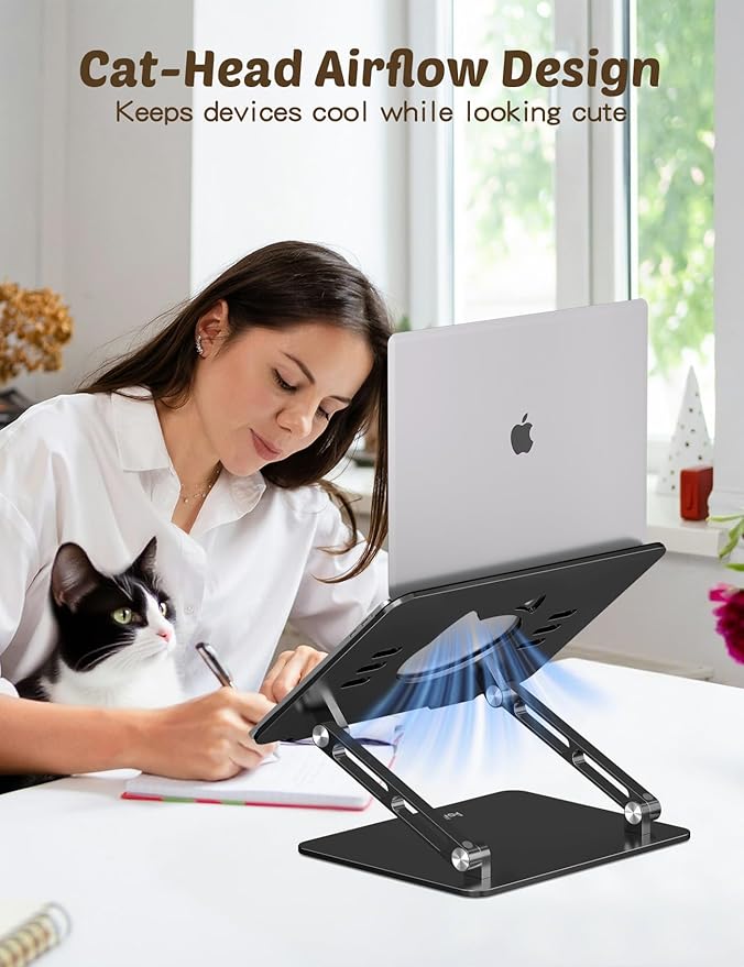 Aoviho Laptop Stand for Desk ??Adjustable Aluminum Laptop Riser with Unique Cat-Shaped Cooling Vent, Portable Desk Gift & Decor, Compatible with MacBook Air Pro, Dell, HP, Lenovo (10"-17.3"), Black