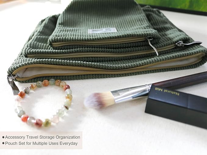 HAPPYHEIDI Corduroy Makeup Bag Set 3 Cosmetic Toiletry Travel Pouch Organizer for Purse Tote, Women Girls Gift, Large Medium Small, Solid Sage Green