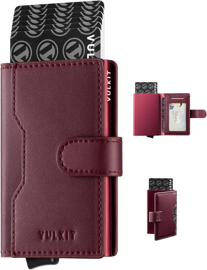 VULKIT Slim Bifold Pop up Wallet Minimalist Leather Card Holder RFID Blocking Metal Card Case with ID Window for Women | with Leather Slots, RFID Blocking, Slim, Metal Card Case