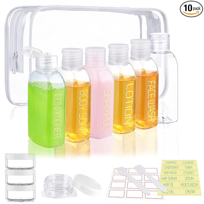 Cosywell Travel Bottles for Toiletries 10PCS Travel Shampoo and Conditioner Bottles TSA Approved Travel Size Containers Leakproof Plastic Cream Jars Refillable Cream Lotion Travel Essential Toiletrie