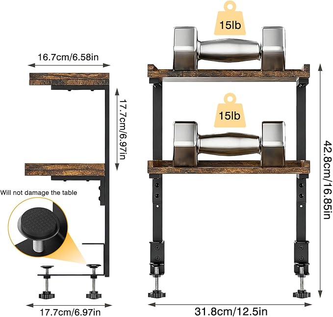 2-Tier Clamp-On Desk Shelf, 12.5" Wooden Desktop Storage Rack for Office Desk & Gaming Setup, Tabletop Organizer for Books, Accessories, Top or Under-Desk Mounted Shelf, Brown