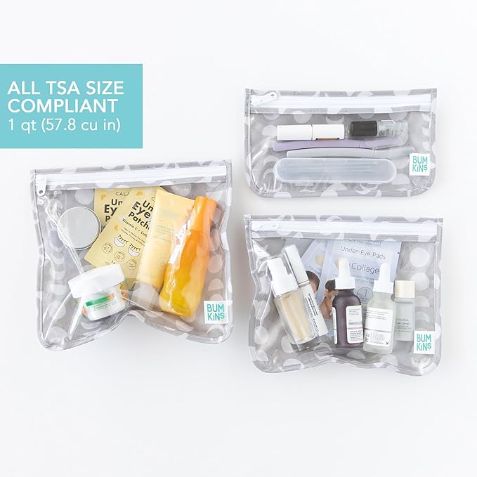 Bumkins Travel Bag, Toiletry, TSA Approved Packing Pouch, Zip Bag, Quart Size Airline Compliant, Clear-Sided, Set of 3 Sizes