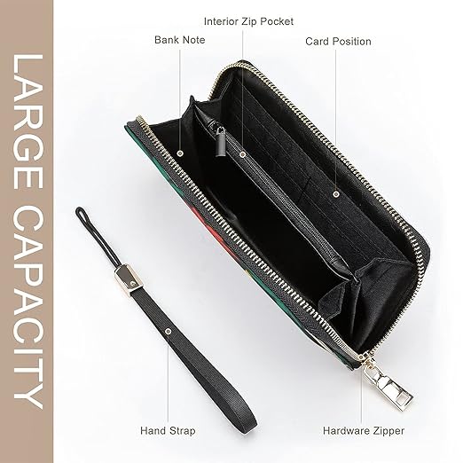 Unisex Zip Around Wallet for Adults Teens Colorful Cannabis Leafs Black Coin Pouch Cash Pocket PU Leather Wallets Card Holder Organizer Designer Purse with Wristlet Strap
