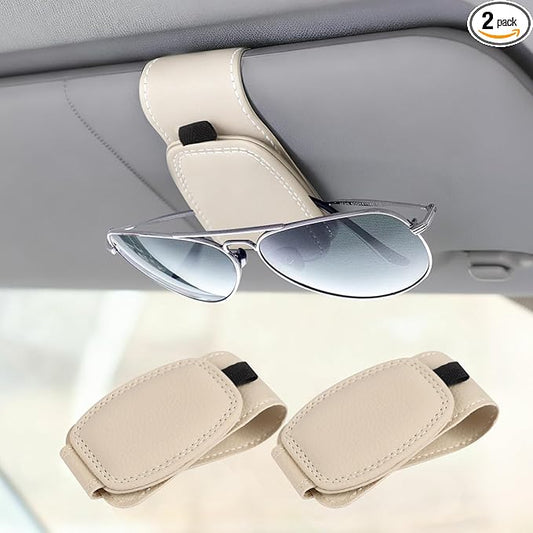 Visor Sunglasses Holder Clip for Car, Magnetic Leather Clip for Car Visor, Universal Glasses Organizer 2 Pack, Beige