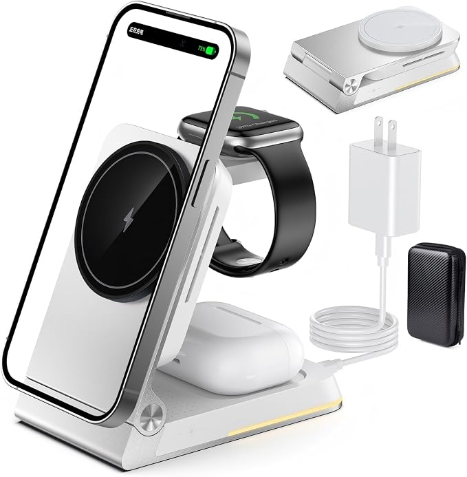 Aluminum 3 in 1 Wireless Charging Station,Foldable Wireless Charger for Apple Magsafe with Light,Portable Travel Magnetic Charger Stand for iPhone 17/16/15/14,Watch,Airpod,with PD 20W Adapter & Case