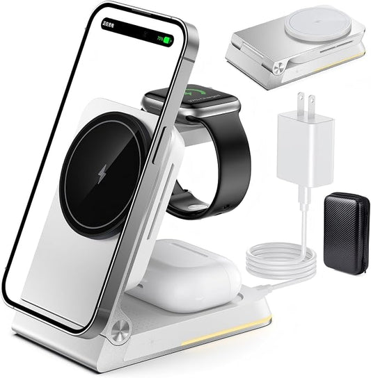 Aluminum 3 in 1 Wireless Charging Station,Foldable Wireless Charger for Apple Magsafe with Light,Portable Travel Magnetic Charger Stand for iPhone 17/16/15/14,Watch,Airpod,with PD 20W Adapter & Case