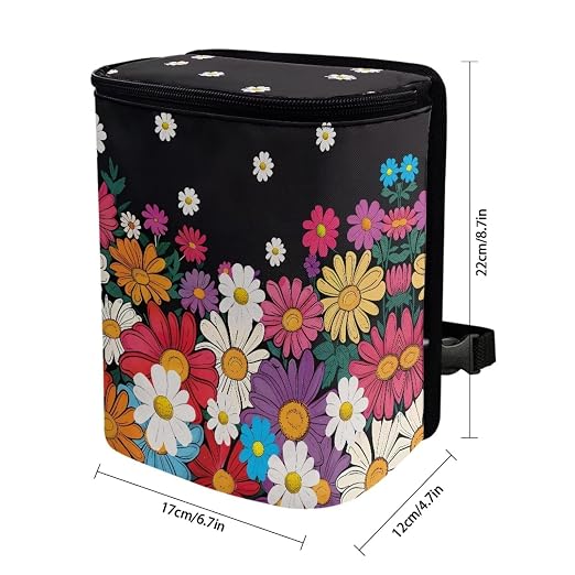Biyejit Colorful Daisy Car Trash Can with Lid Hanging Car Trash Bag Leak-Proof Portable Car Garbage Bin Car Accessories Interior Car Organizer Bag