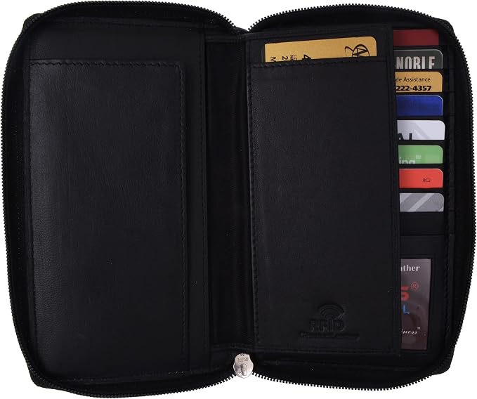 MARSHAL Genuine Leather Double Zipper Clutch Checkbook Wallet for Women #4575CF (RFID Black)