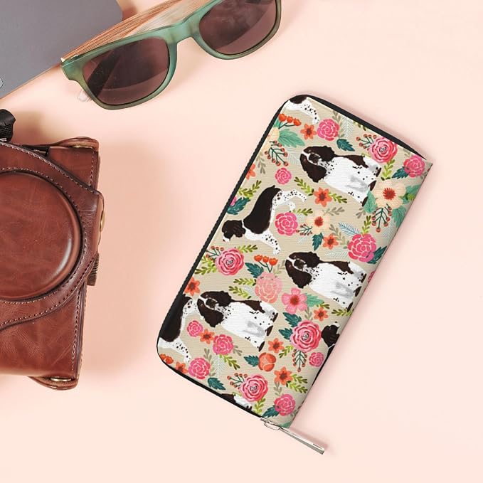 English Springer Spaniel Wallet for Men Women Elegant Long Clutch Zip Around Travel Leather Coin Purse Large Capacity Credit Card Holder Handbag