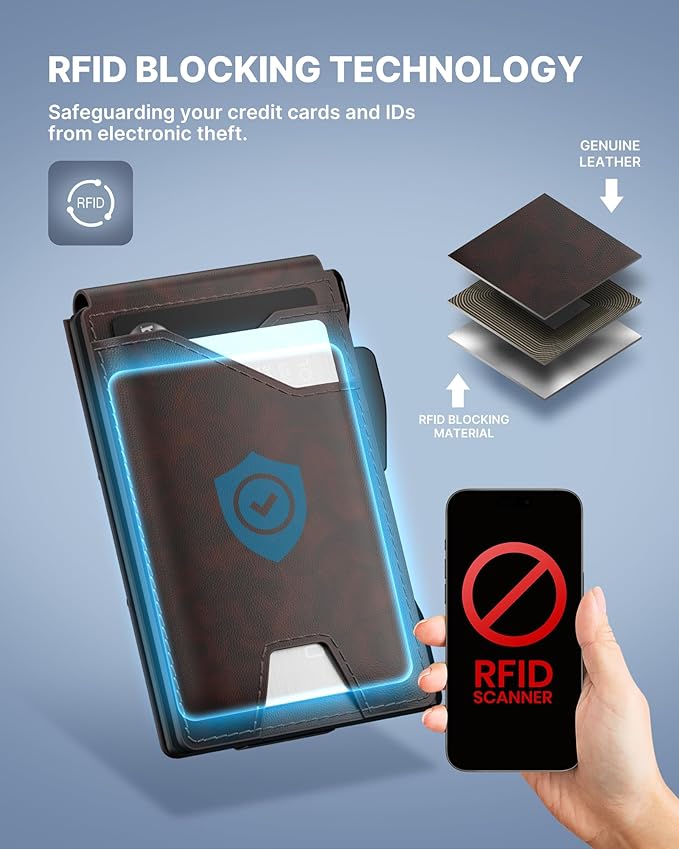 typecase Tactical Wallet for Men Card Holder: Pop Up Card Case, Genuine Leather, Smart, RFID Blocking, Slim, Minimalist, Thin, Front Pocket - 9-13 Card Capacitiy, ID Window, Money Clip (Deep Brown)