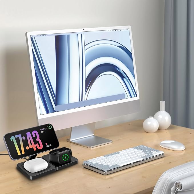 3 in 1 Wireless Charger Charging Stand Station Foldable for Mag-Safe Charging, 15W Fast Charge iPhone 17 Pro Max/17 Air/16/15/14 Plus/13/12 Mini,Air Pods,Apple Watch Series