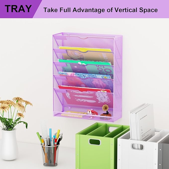 Hanging Wall File Organizer 6 Tier Wall Mounted Mail Paper Folder Holder Document Organization Stand, Vertical Desk Magazine Rack for Office Home Cubicle Countertop, Light Purple