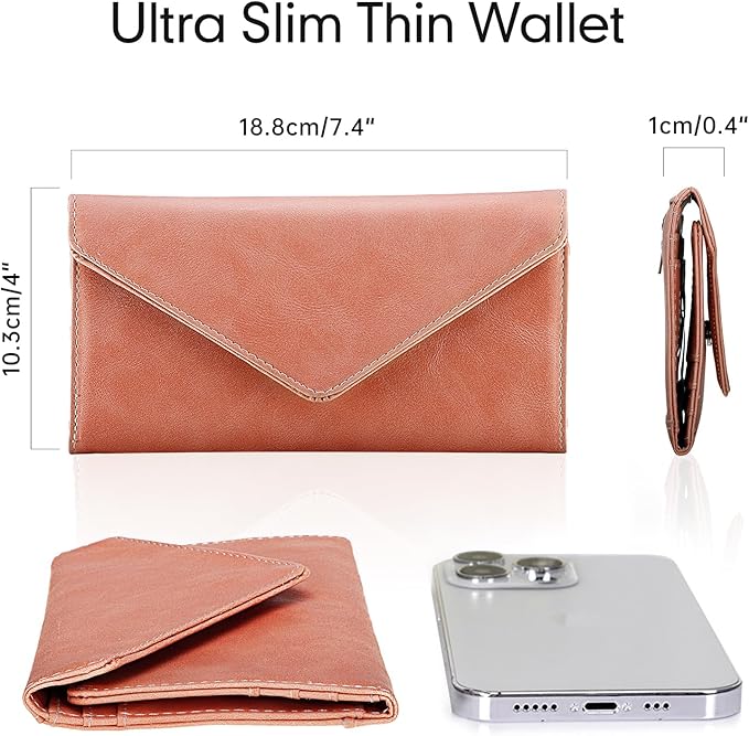 Women's Card Wallet Envelope Style Credit Card Holder, RFID Blocking, Vegan Leather, Coin Pocket, 2 ID Windows, Bean Pink