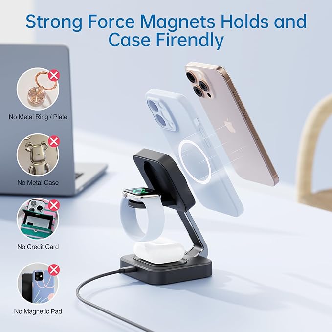 RYND 2026 Traveling Wireless Mag-Safe Fast Charging Station,Magnetic 3 in 1 Charger with iPhone 17 16 15 14 13 12 Pro Max Plus,Apple Watch Series & Air pods 4 3 2 Pro-Gifts for Wife & Husband(Black)