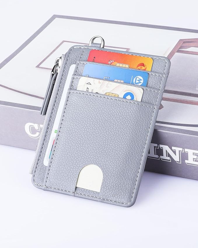Teskyer Slim Card Holder Wallet with Zip Pocket, RFID Blocking, Total 9 Compartments Large Capacity, 3.5" x 4.7" (Slight Larger Than Usual), Faux Leather - Grey