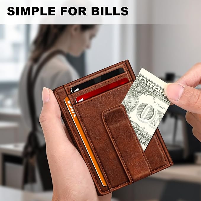 Wallet for Men 14-16 Cards, Minimalist Men Leather Wallet, Men's Front Pocket Bifold Wallets with Money Clip, Slim Thin Card Holder RFID Blocking Bill Folder Magnetic Closure Men Gifts, Reddish Brown