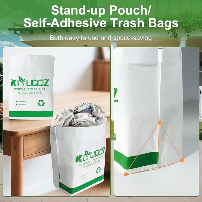 Disposable Cars Trash Bags Standable 100 Pack Car Garbage Bag Self Adhesive travel trash bag for Cars Kitchens Bedrooms Offices Travel and Camping Open Top Cleaning Bags (10.1 * 2.3 * 7.6 in) (50)